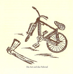 Die Axt und das Fahrrad. ©  Johann Vossen, Illustration aus "So war´s bei uns (1996)